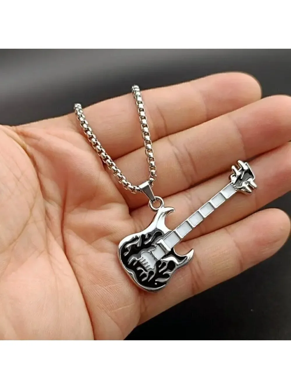 Emerald Green Flaming Guitar with White Neck Rocker Necklace and Pendant 1559
